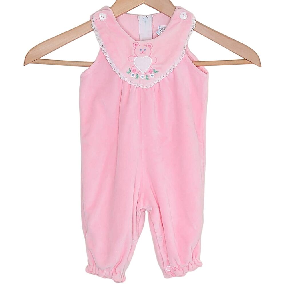 Vintage Pink Velour Jumpsuit Embroidered Teddy Bear size 6-9mo.